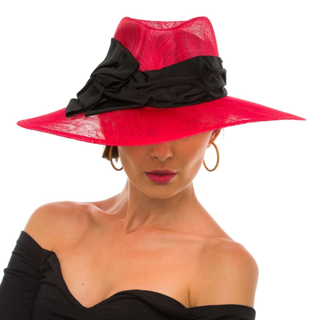 Palarie dama Clara corallo/nero, coral/neagra, bor usor in cadere, sisal