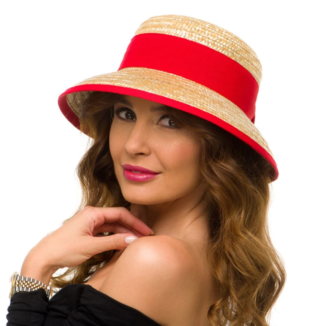 Palarie dama Laura nat/rosso, natural/rosie, bor mediu lasat, paie naturale