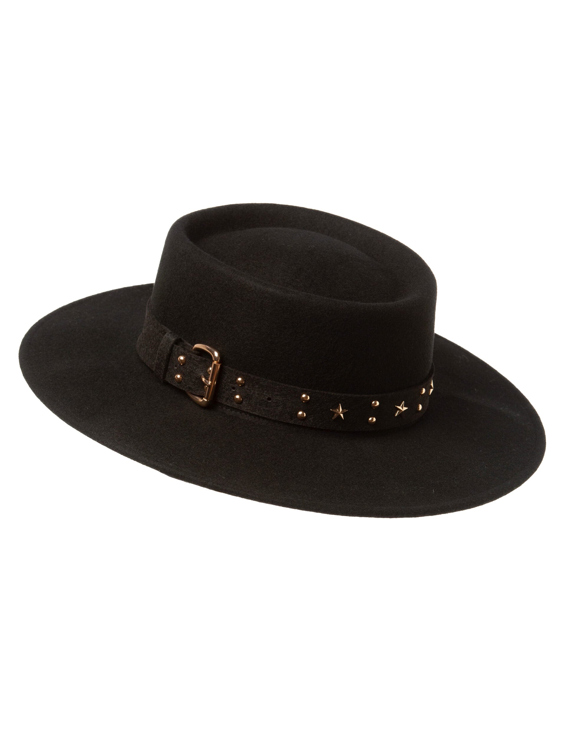 Palarie barbati, Wild star belt nero, neagra, bor drept, fetru de lana