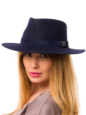 Palarie dama Casablanca blu, albastra, bor mediu, fetru de lana