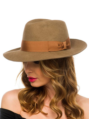 Palarie dama King beige/m, maro, bor mediu, fetru de lana